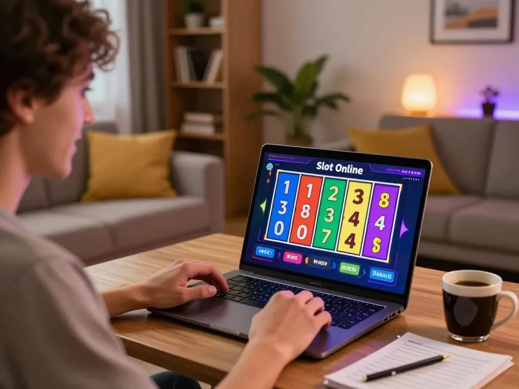 Engaging in Slot Online gameplay at home with colorful reels visible on the screen.