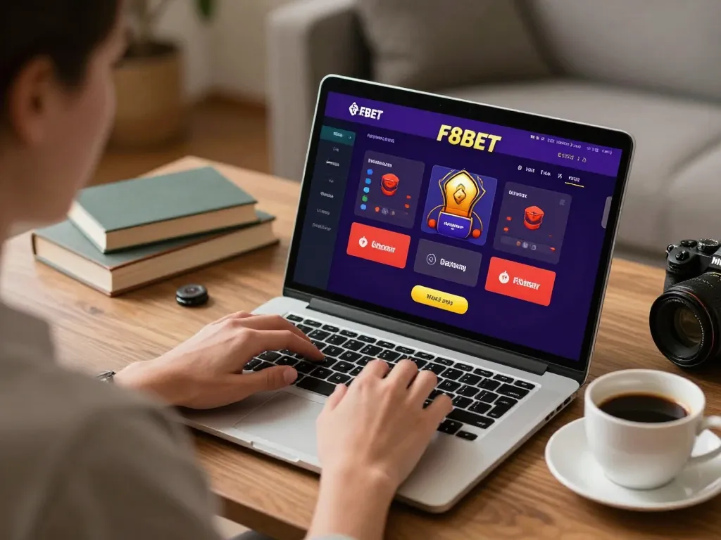 Engaging gameplay on F8BET platform with a user focused on their laptop in a cozy home setting.