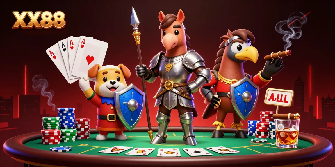 Experience thrilling poker action with XX88's vibrant illustration showcasing elite players and casino elements.