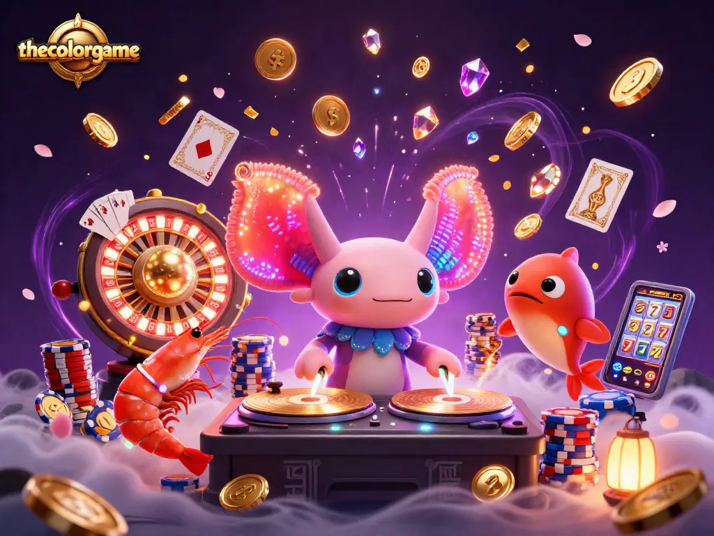 The Color Game showcases vibrant characters engaging in thrilling casino action with glowing gems and coins.