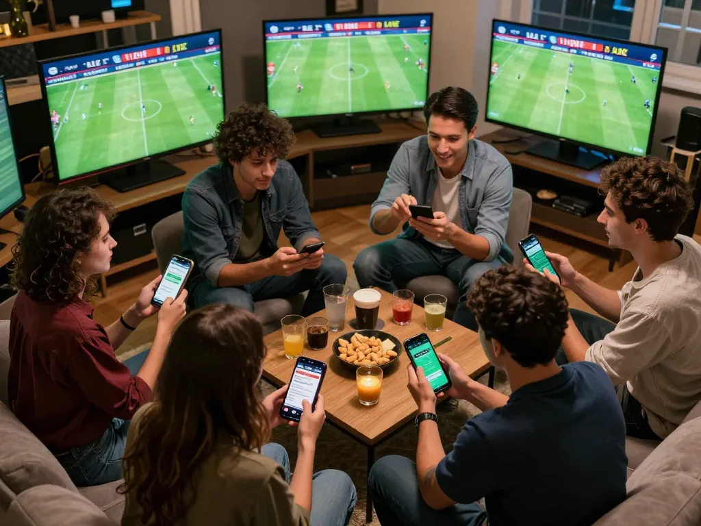 Engaging scene of friends placing KÈO TRỰC TUYẾN bets during a live football match.