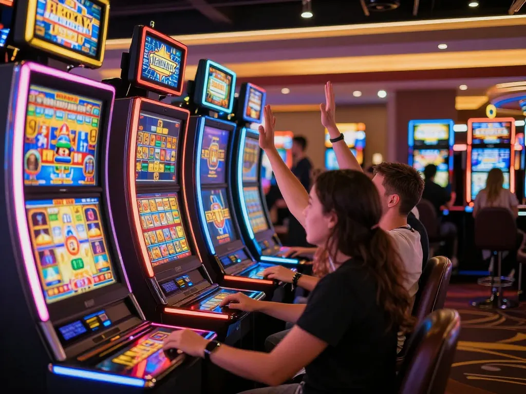Players celebrating wins at colorful slot machines in an exciting casino atmosphere.