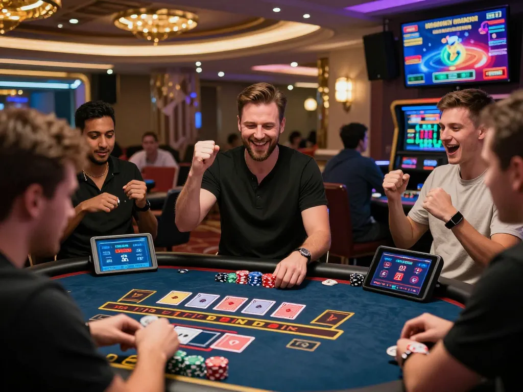 Engaged players celebrating a win at HM88's online casino, showcasing vibrant atmosphere and immersive gaming experience.