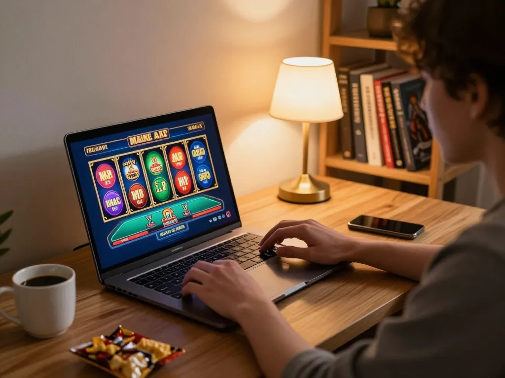 Engaged player enjoying TR88 online slots and poker, cozy home gaming setup.