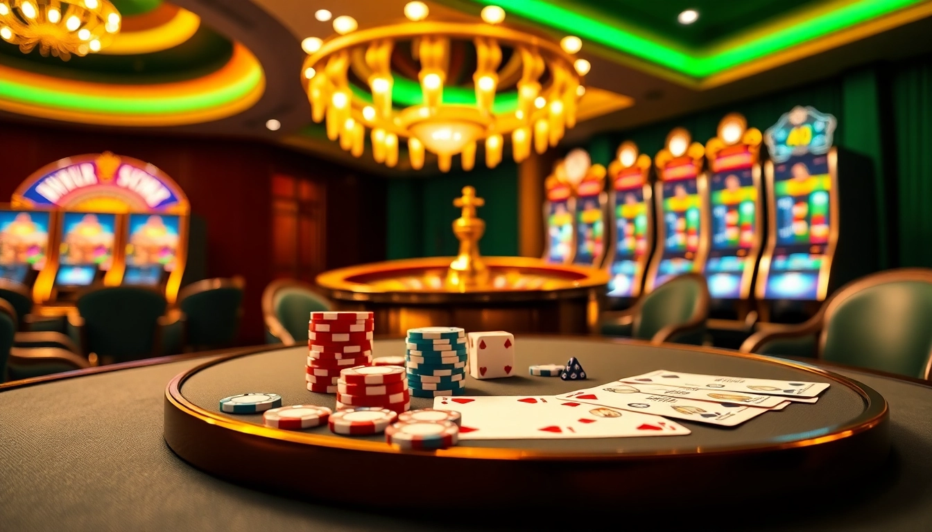 Daga Casino: Engaging poker game with chips and cards on an elegant table amidst shimmering lights.