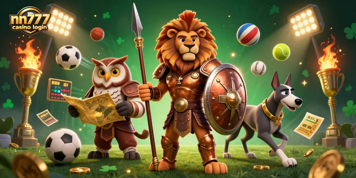 Engage with exciting gaming at nn777 casino login, featuring a heroic lion and dynamic sports elements.