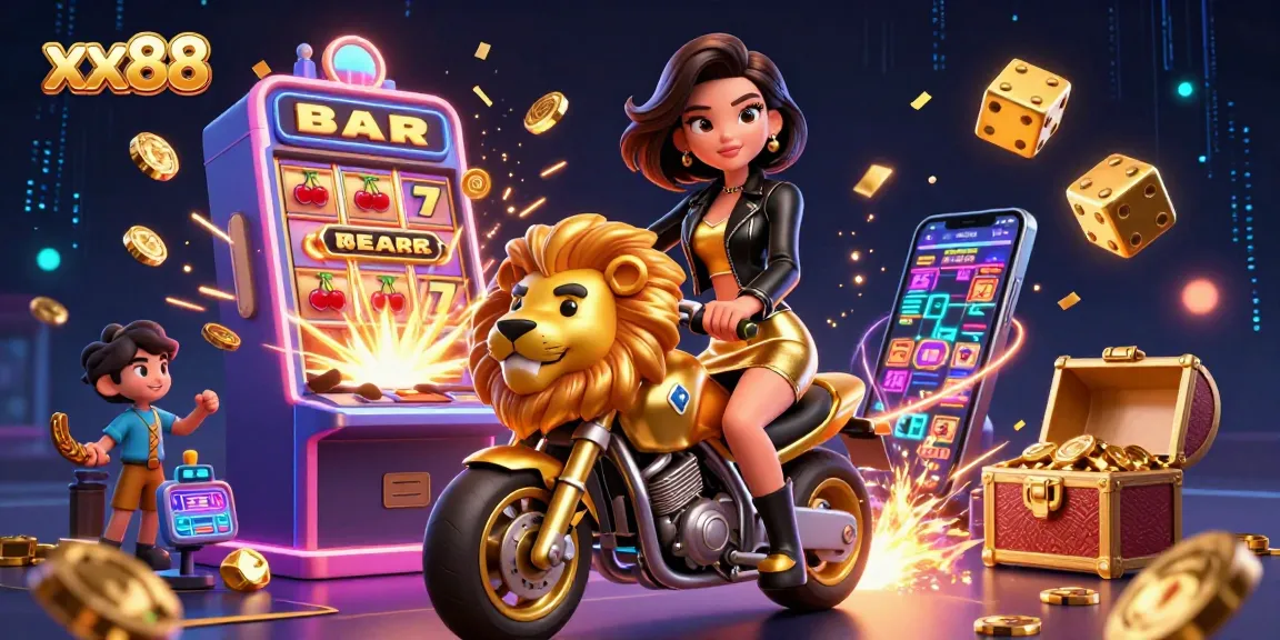 Experience the excitement of xx88 with a stylish Asian woman riding a golden lion amidst a burst of casino games and symbols.