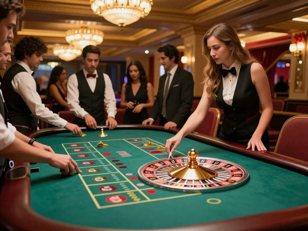 Players engage at the hitclub roulette table in a sophisticated casino setting, creating a lively atmosphere.