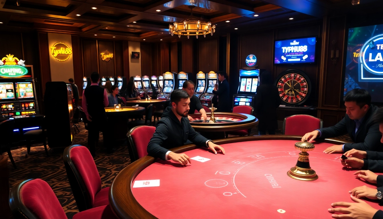 Experience thrilling gameplay at Typhu88's luxury online casino setting with exciting games and vibrant energy.