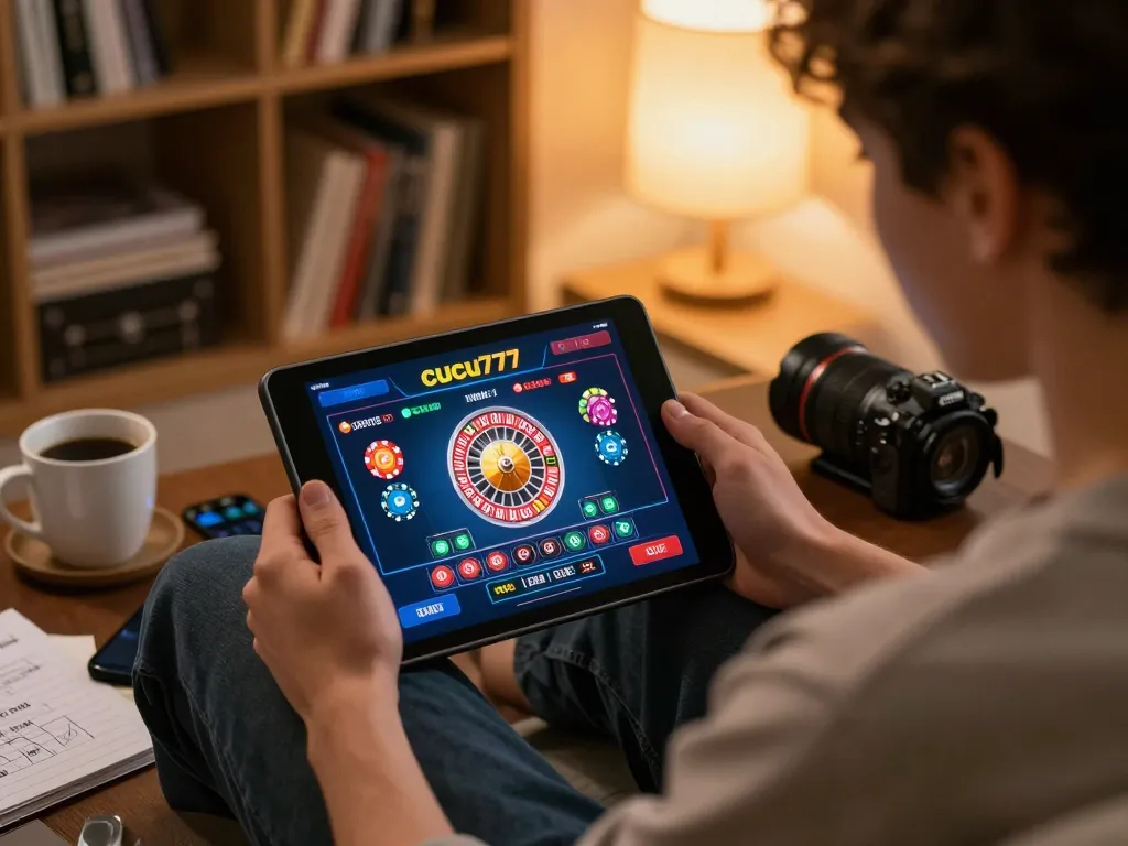 Engaging with online casino gaming on cucu777 through tablet while strategizing at home.