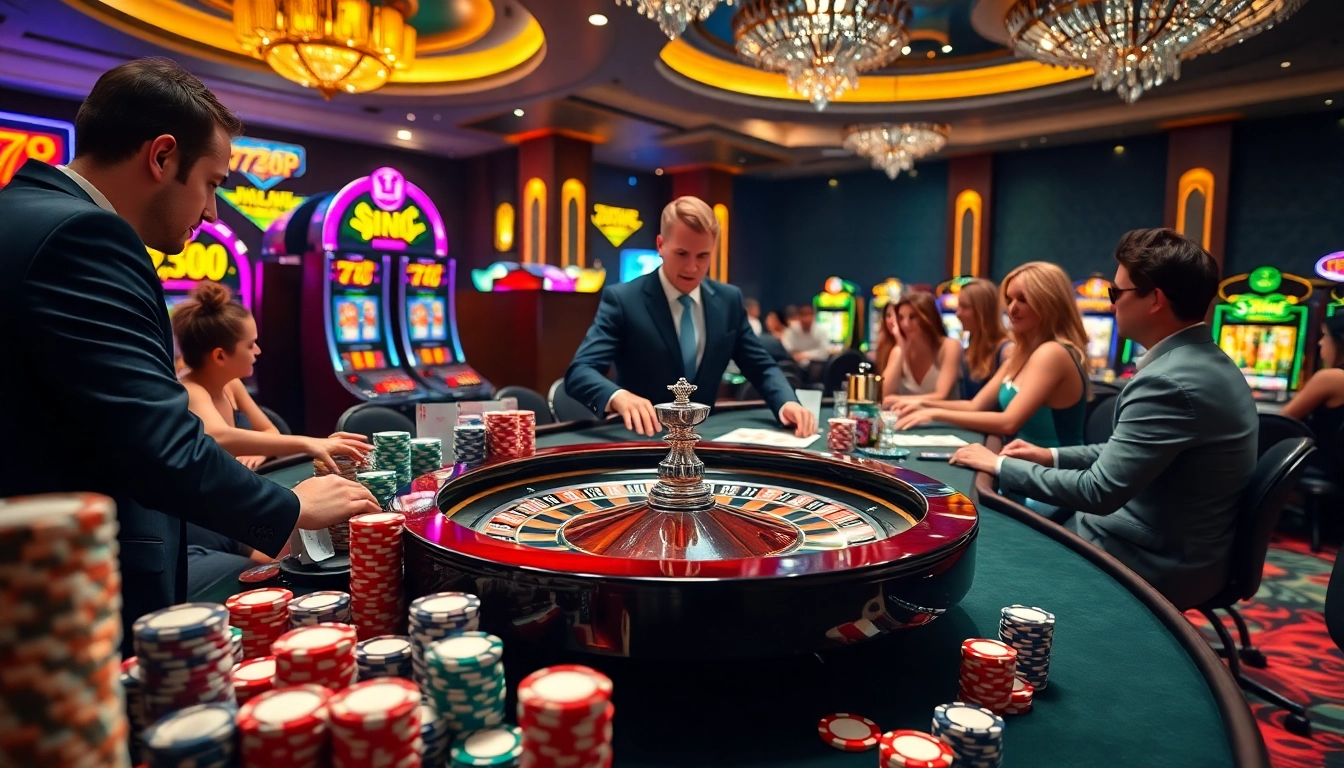 Players enjoying intense gameplay at 789P's vibrant casino tables with chips and cards.