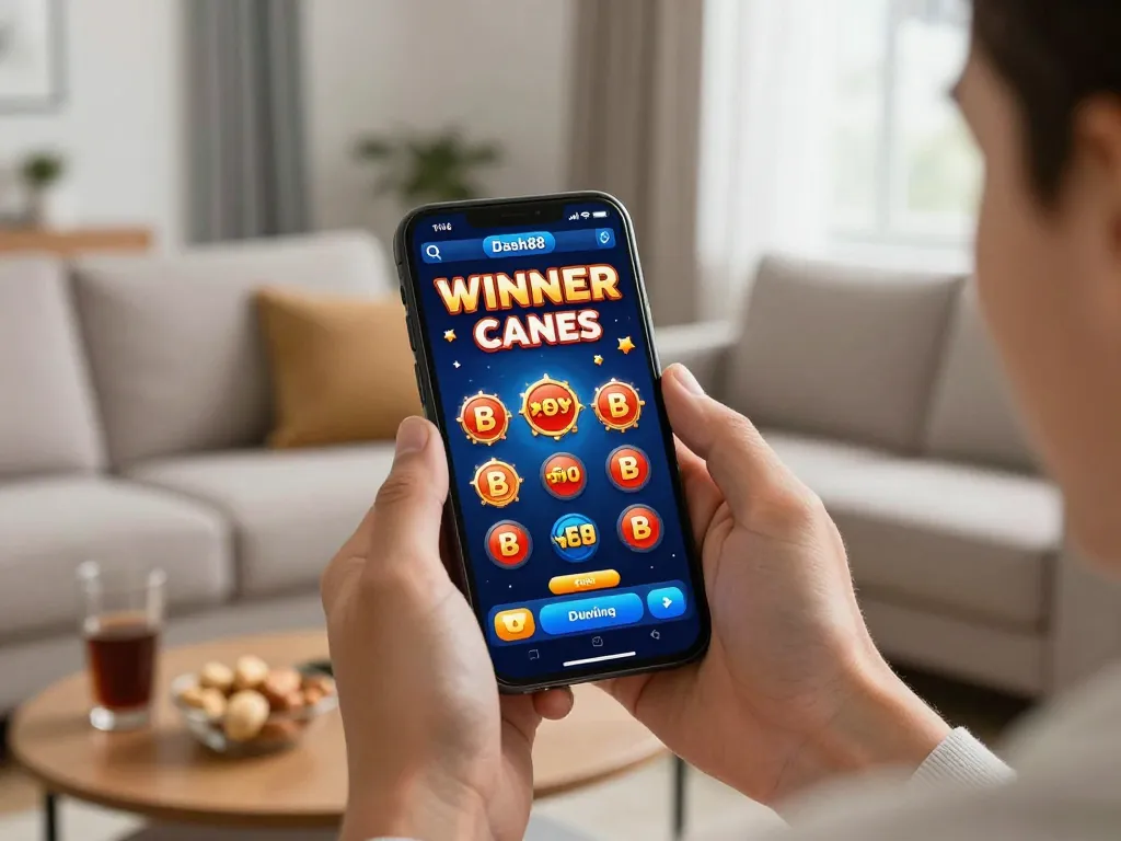 Player celebrating a win on dash88 mobile gaming app in a cozy living room.