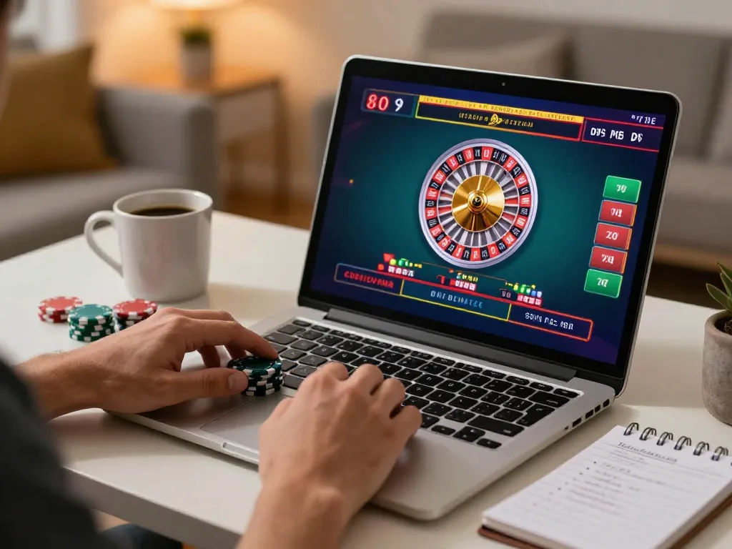 Suasana perjudian daring yang menarik dengan laptop menampilkan permainan roulette langsung di layar di https://www.crosstonerestaurant.com/vegetarian.html, menekankan pada strategi taruhan.