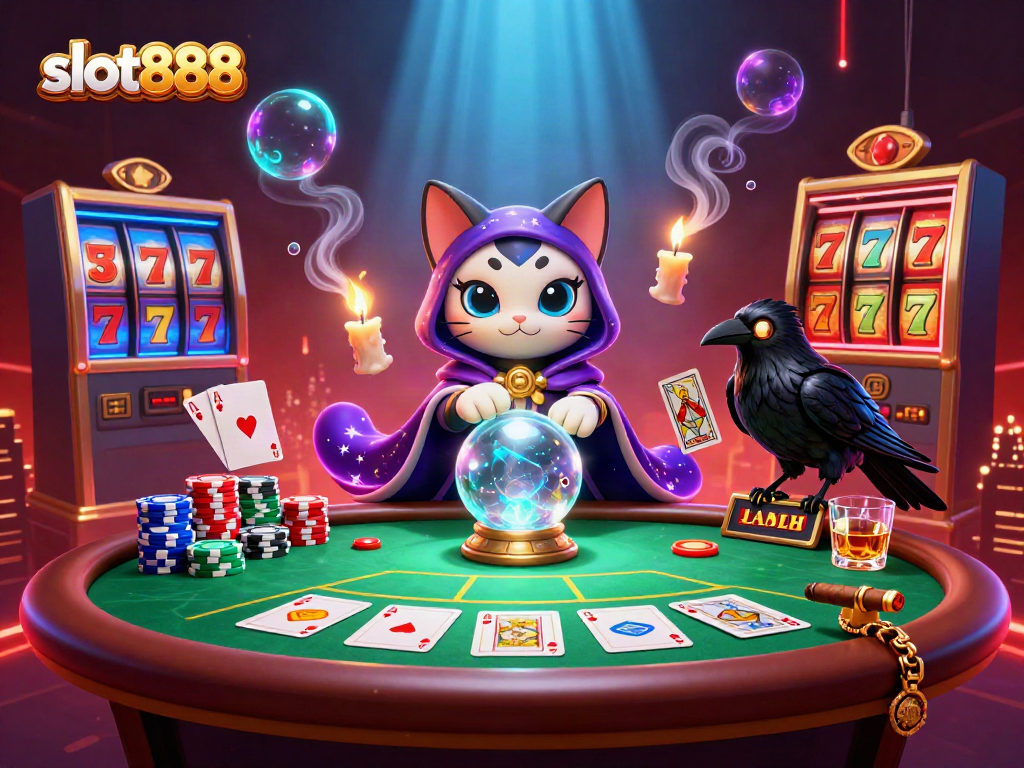 Menangkan jackpot slot888 dengan permohonan dari kucing mistis dan burung gagak misterius di kasino.