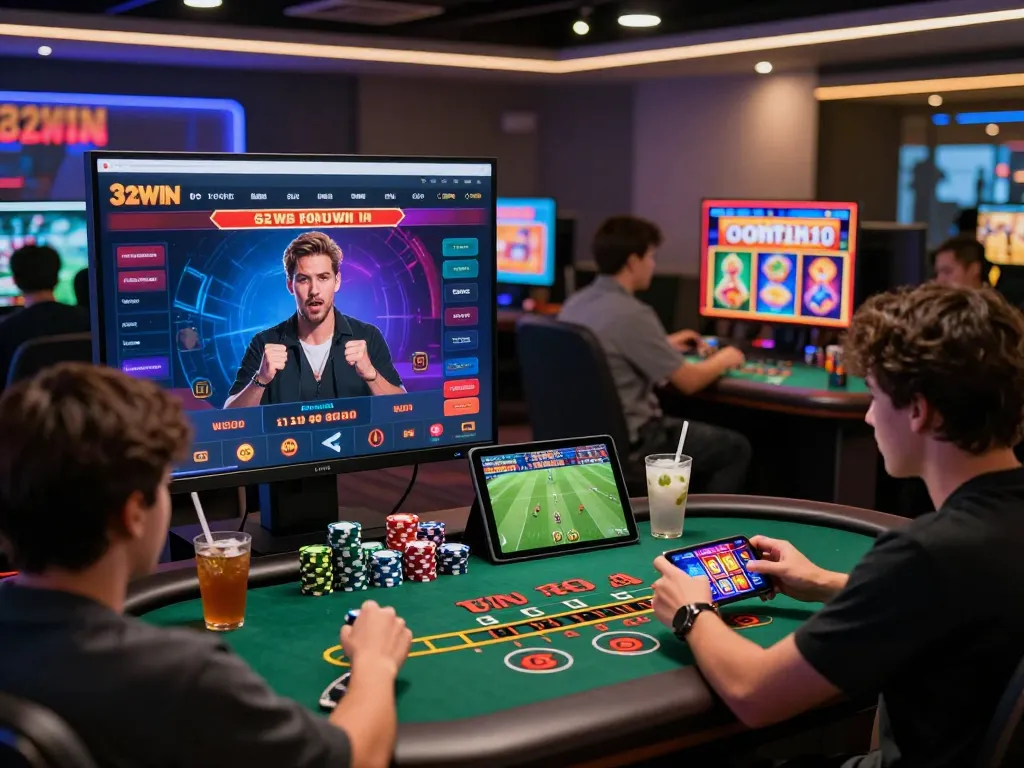 Engaged players enjoying the 32win online gaming platform with vibrant screens and sporty ambiance.