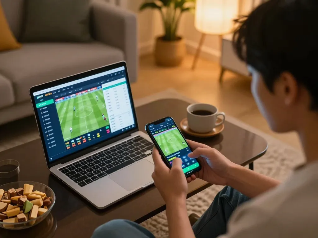 Engaging in online sports betting on fun88 using smartphone displaying live odds in a cozy home setting.