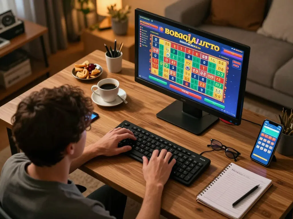 Engaging scene of a player enjoying Bolagila Judi Lotto on a computer, emphasizing a cozy and responsible gaming atmosphere.