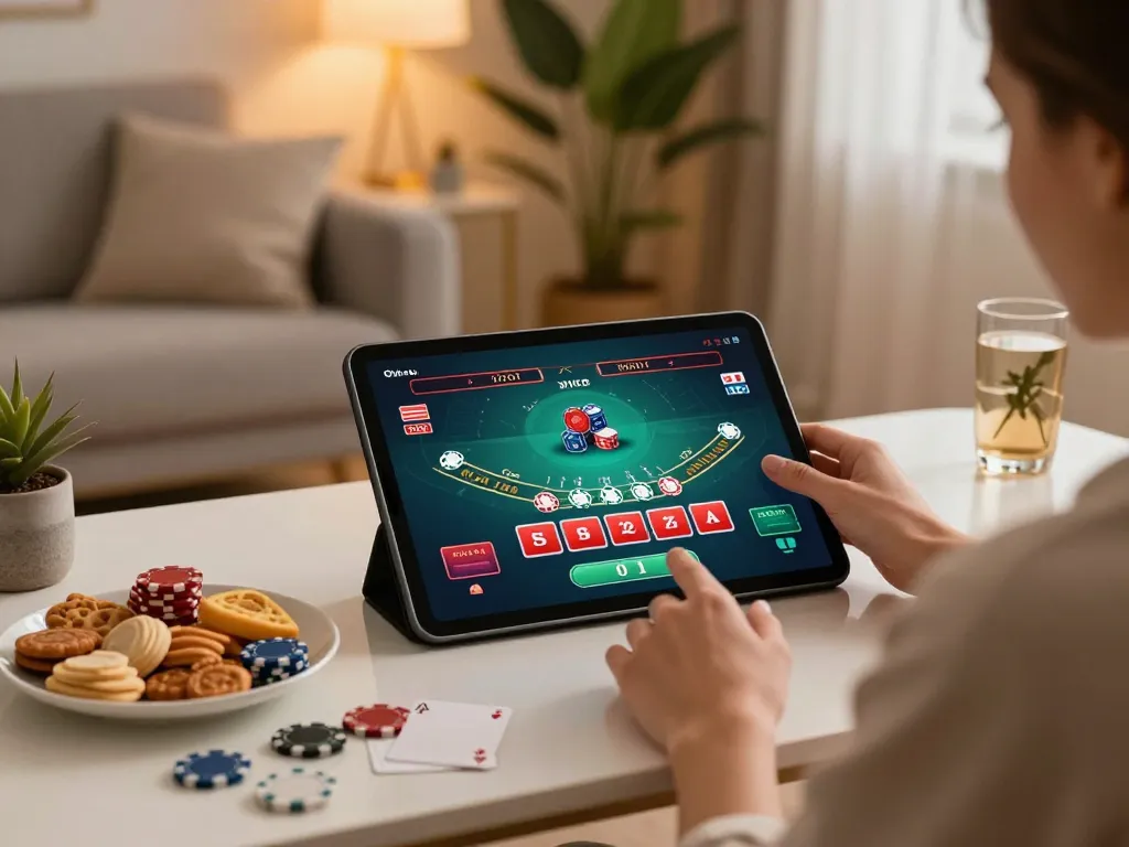 LV88 player enjoying a live blackjack game on a tablet in a stylish home setting, strategically engaged in online gaming.