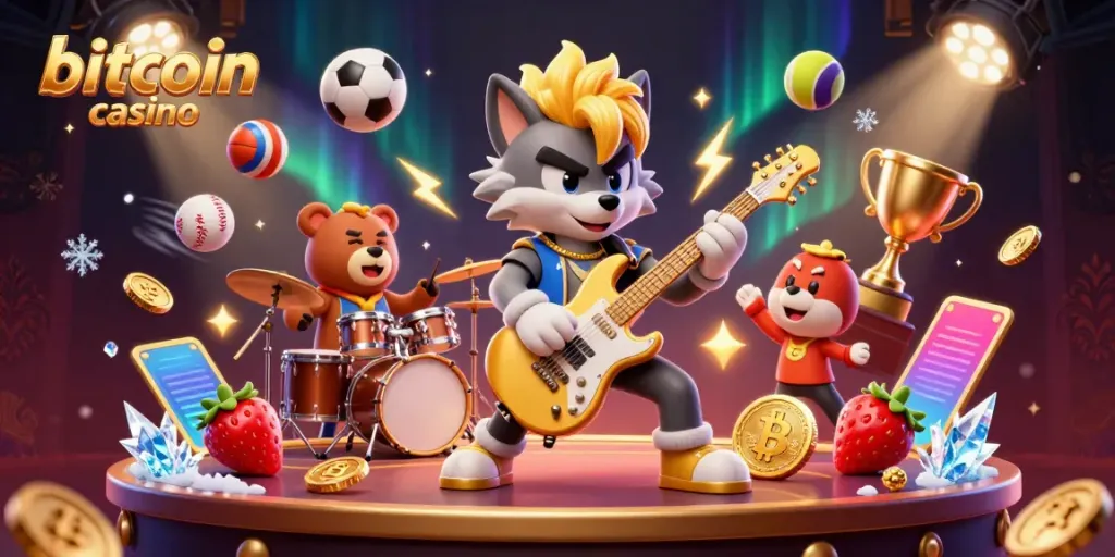 Engage in action-packed gaming at the bitcoin casino, featuring a rock star wolf and vibrant elements.
