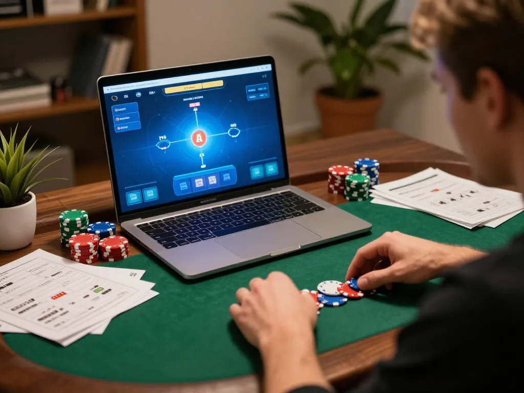 Engaging poker session on a laptop featuring tg88 strategy notes and player focusing intently