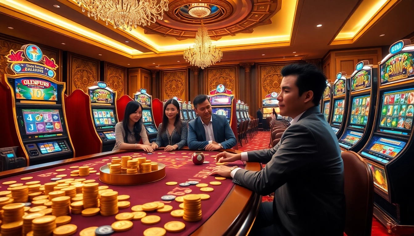 Players enjoying the excitement of OLYMPUS88 online slots at a glamorous casino.