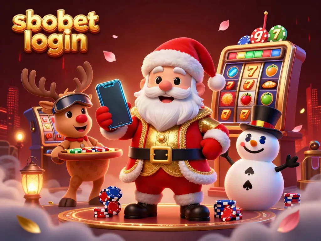 Experience sbobet login with a festive Santa and friends celebrating jackpot slots in a vibrant casino scene.