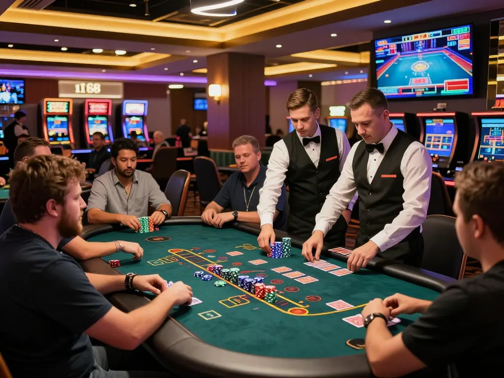 C168 Casino's blackjack table featuring engaged players and a dealer, showcasing the thrill of strategic gameplay.