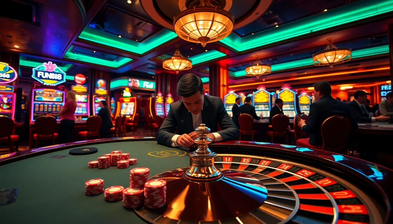 Fun88 players engaging at a vibrant casino table during a thrilling gaming session