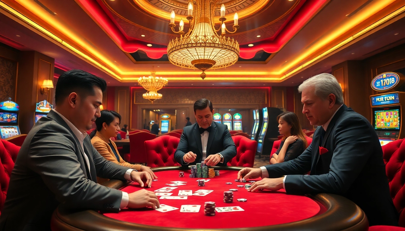 Players engaging in a high-stakes poker game at MMOO casino, surrounded by luxury and excitement.