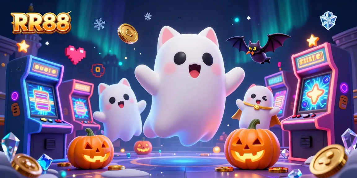 Engage with the ghost cat and bat in the haunted RR88 casino, surrounded by exciting gaming elements.