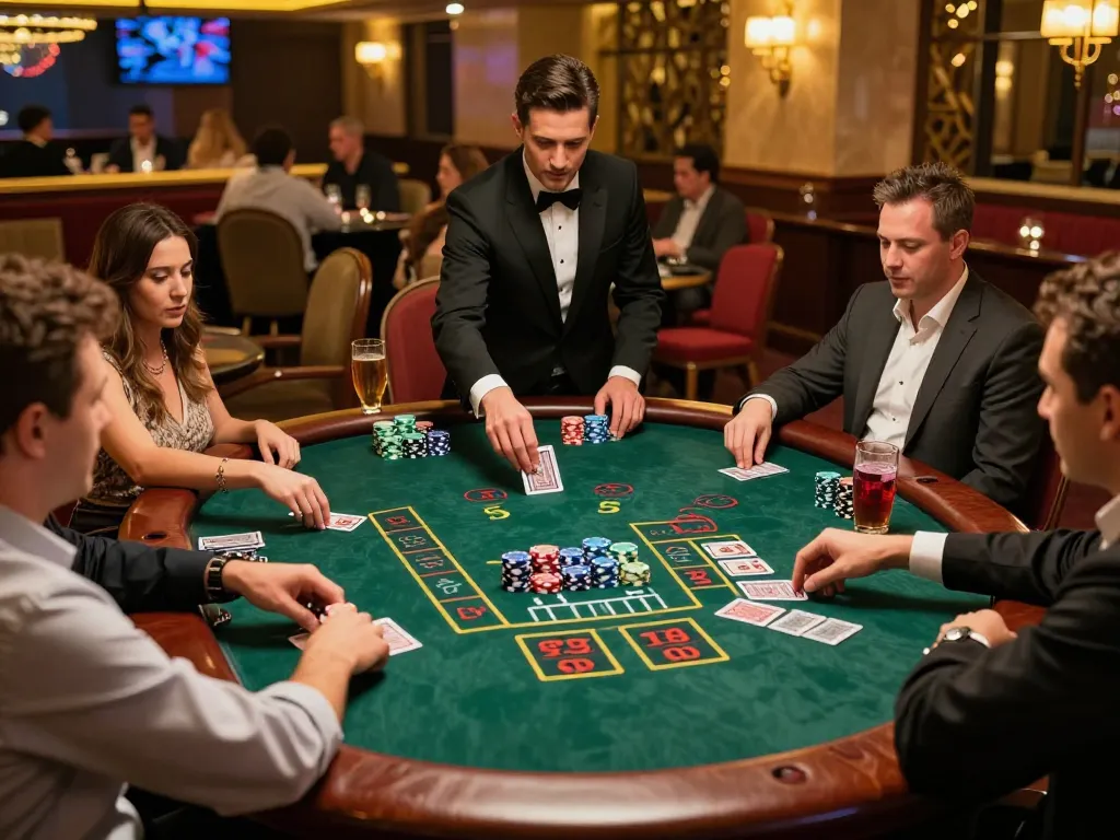Players engaging in blackjack at an upscale casino, with tg88 branding visible on table, showcasing excitement.