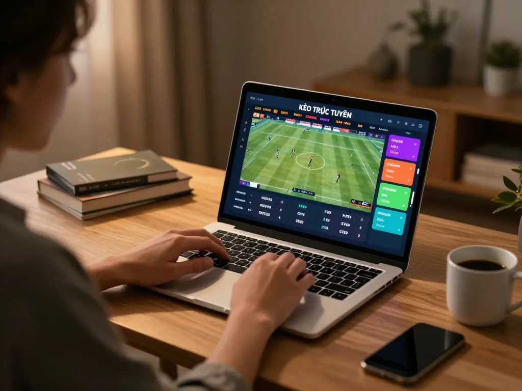 KÈO TRỰC TUYẾN betting experience showcasing a user engaged in online sports betting at home.