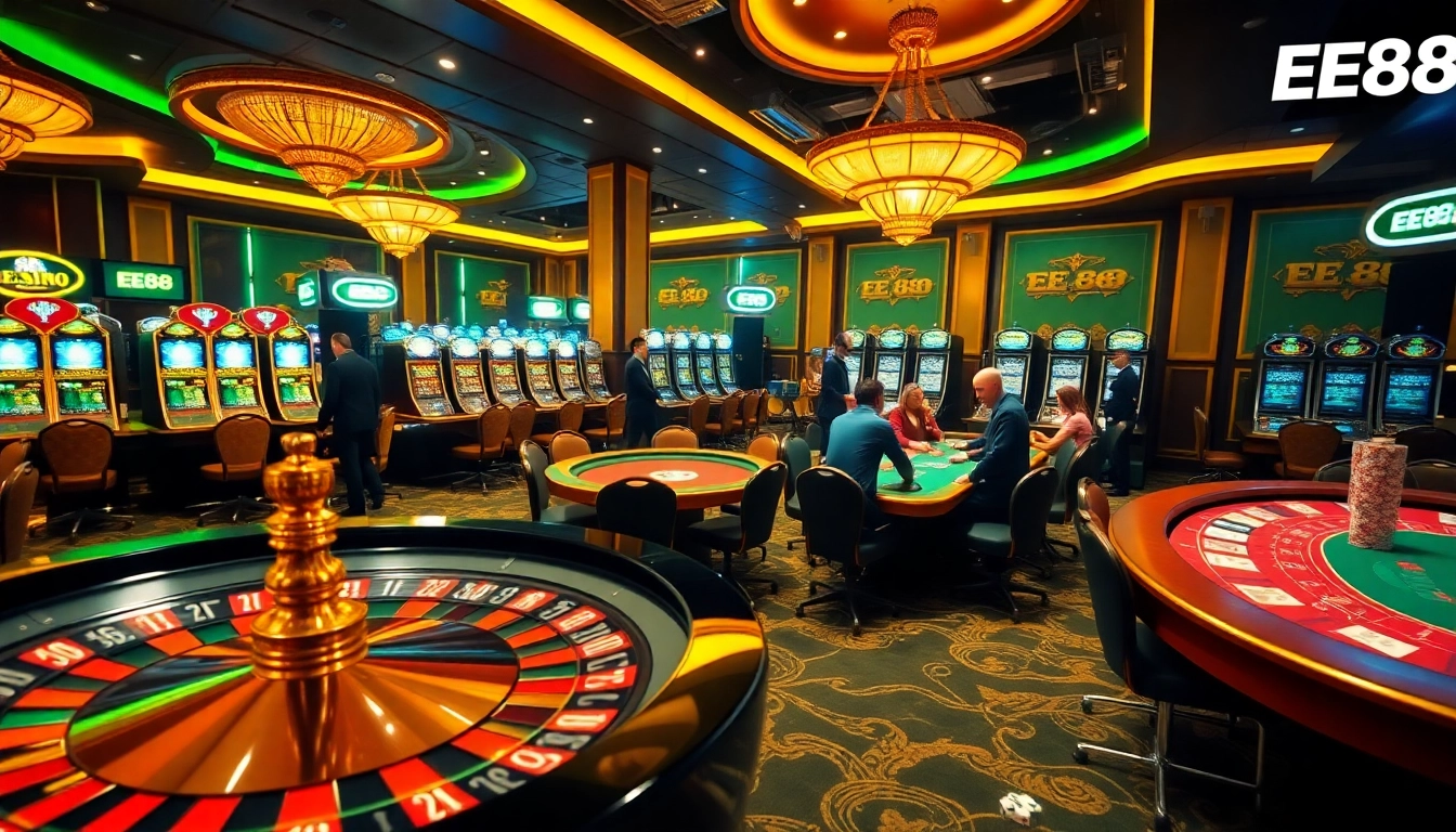 Experience the excitement of EE88 with vibrant casino tables and lively gaming atmosphere.