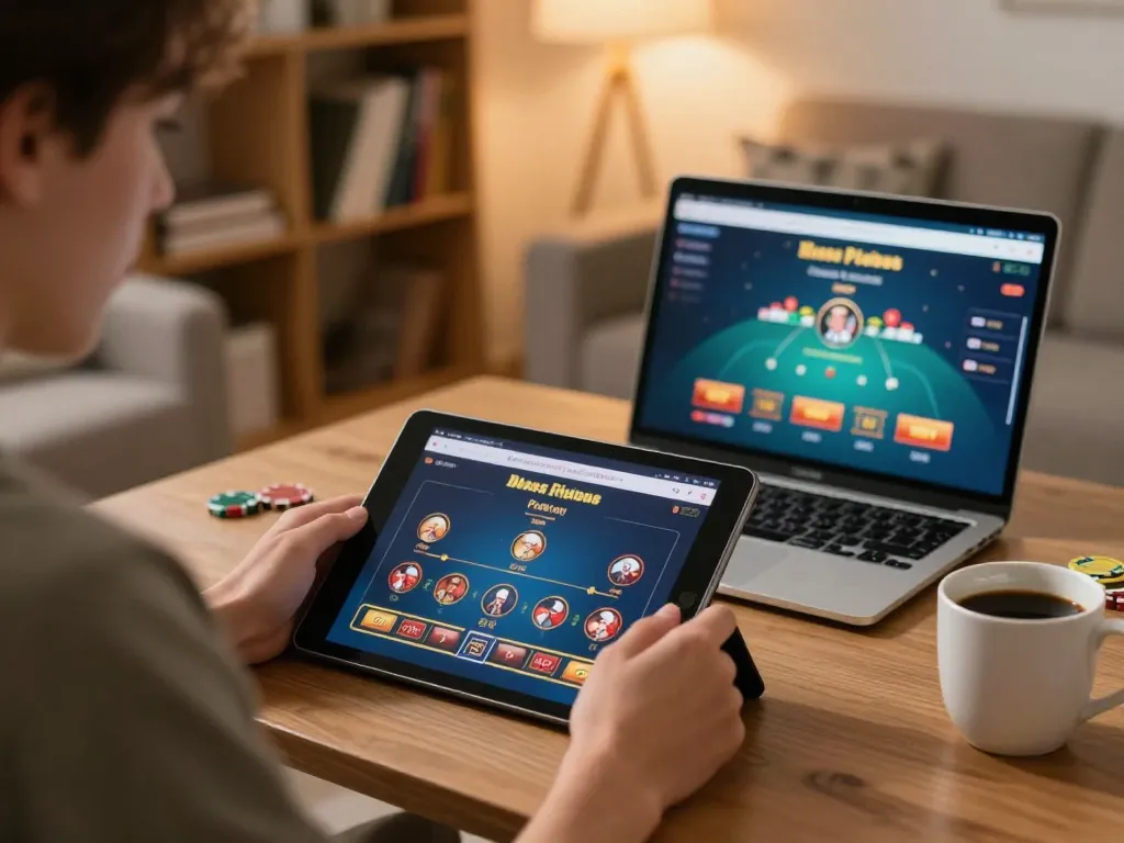 Engaging in online casino games at home with open88 platform on tablet, showcasing strategic gameplay.
