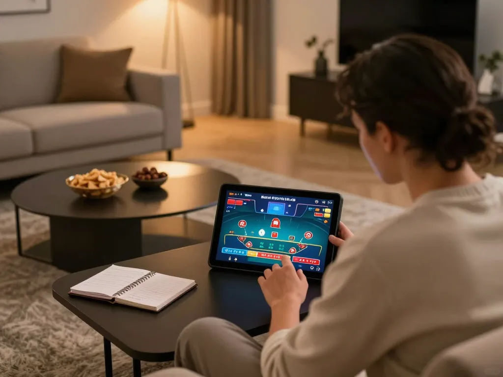 uu88 user engaging in online blackjack on a tablet, cozy gaming setup with snacks and strategy notes