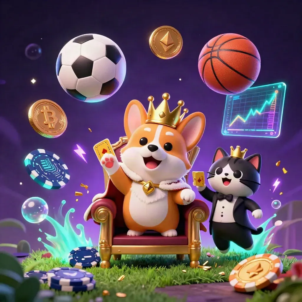 Crowned corgi and cat butler amid flying soccer ball, coins, neon charts, and casino glow.