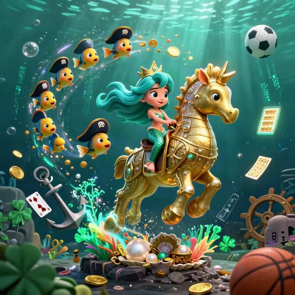 Mermaid princess on a golden seahorse amid treasure, fish, coral, coins, and neon casino energy.