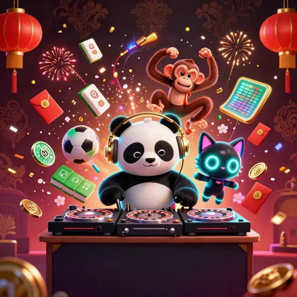Three cartoon casino mascots dance amid neon lights, gold confetti, lanterns, coins, and fireworks.