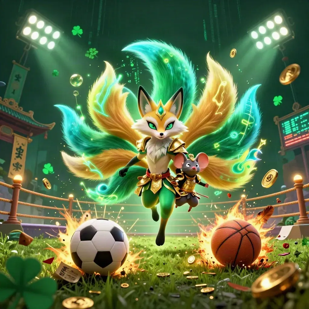 Neon fox spirit and armored mouse amid flying sports gear, coins, lights, and emerald casino energy.