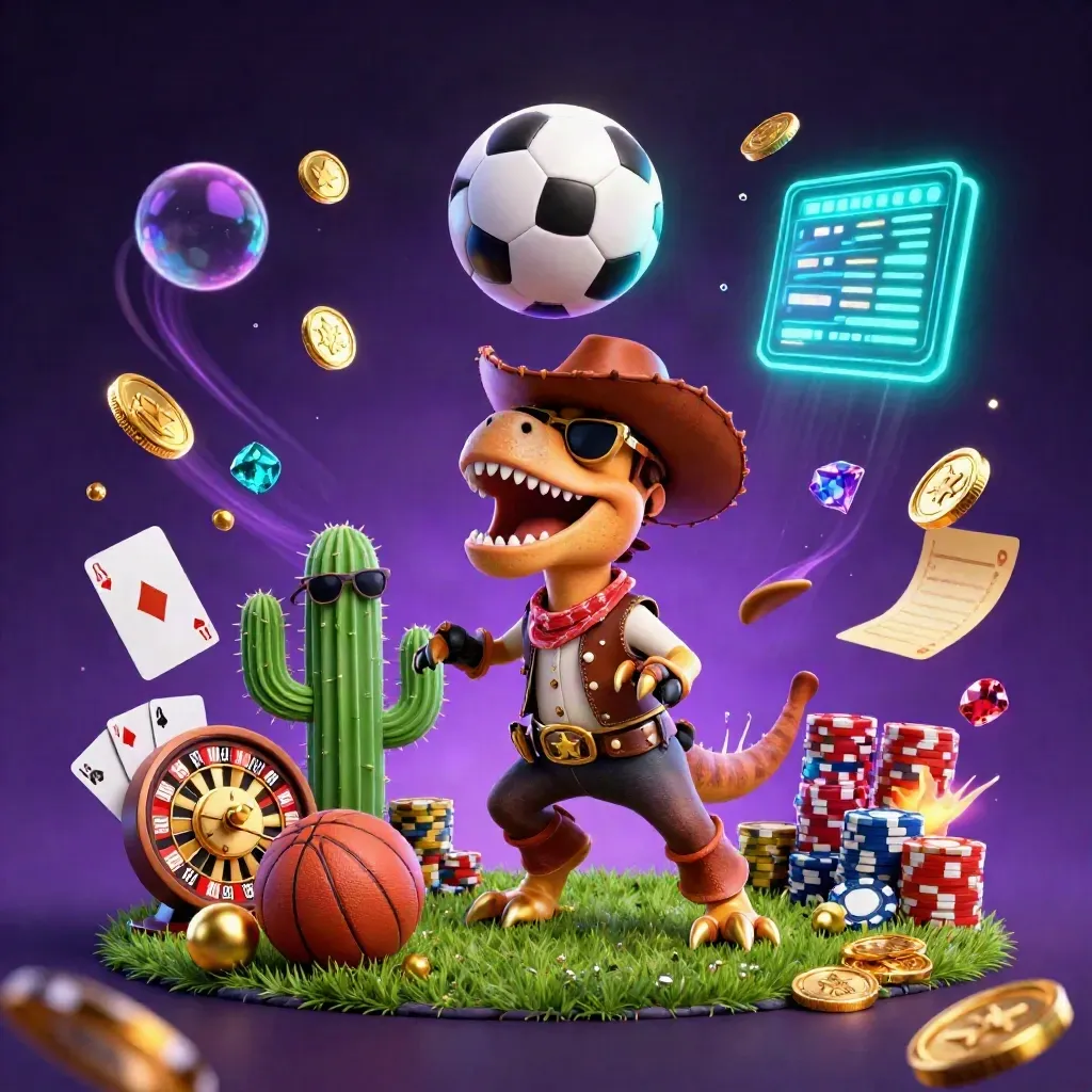Cowboy T-Rex trio, soccer ball burst, casino chips and glowing purple neon energy