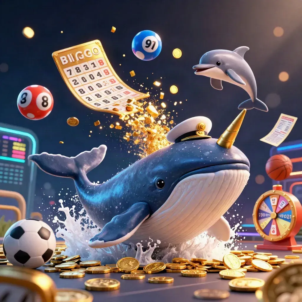 Whale, narwhal and dolphins burst through coins with neon casino props and sports balls.