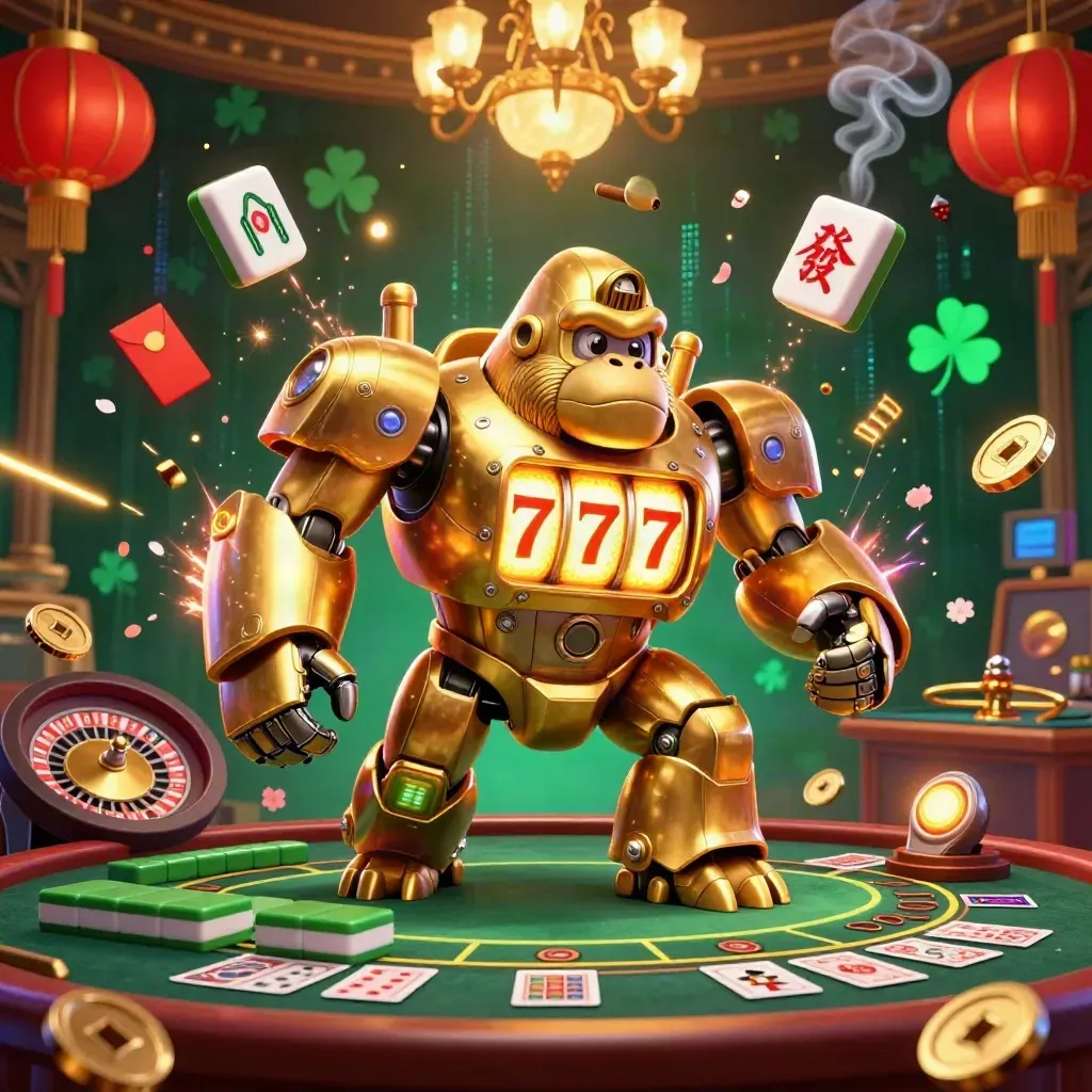 Golden gorilla mech and monkey pilot amid casino lights, jade coins, lanterns, and neon sparks.