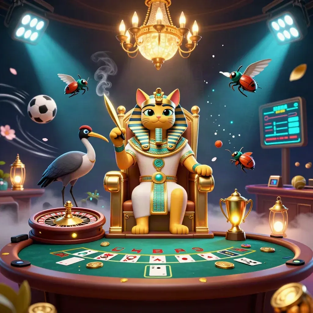 Pharaoh cat, ibis scribe, scarabs, casino lights, and flying sports balls in a luxe golden scene