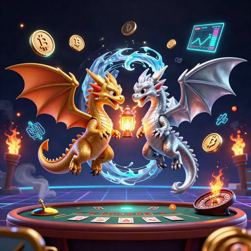 Twin gold and silver dragons swirl around a tiny lantern spirit in a luxe neon casino scene.
