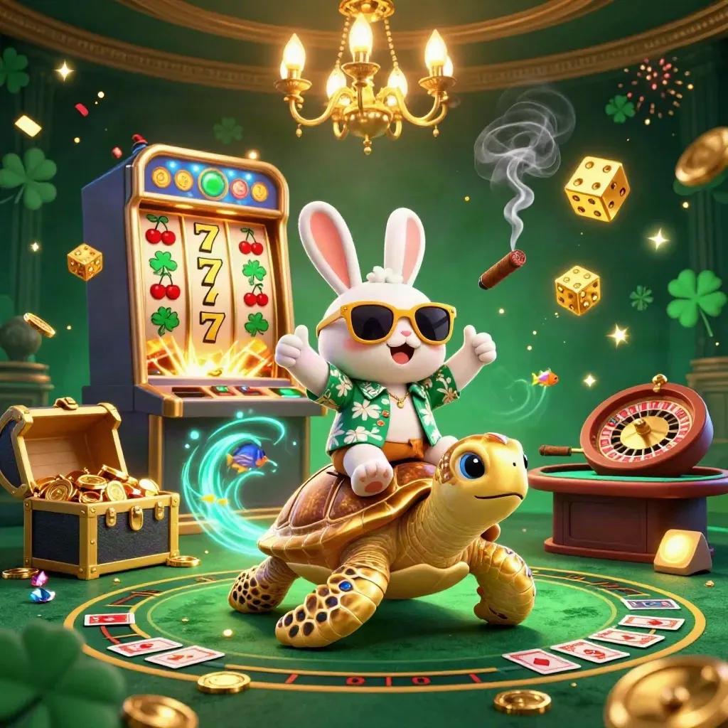 Lucky rabbit rides a gem turtle amid casino luxury, jackpot effects, and neon energy.