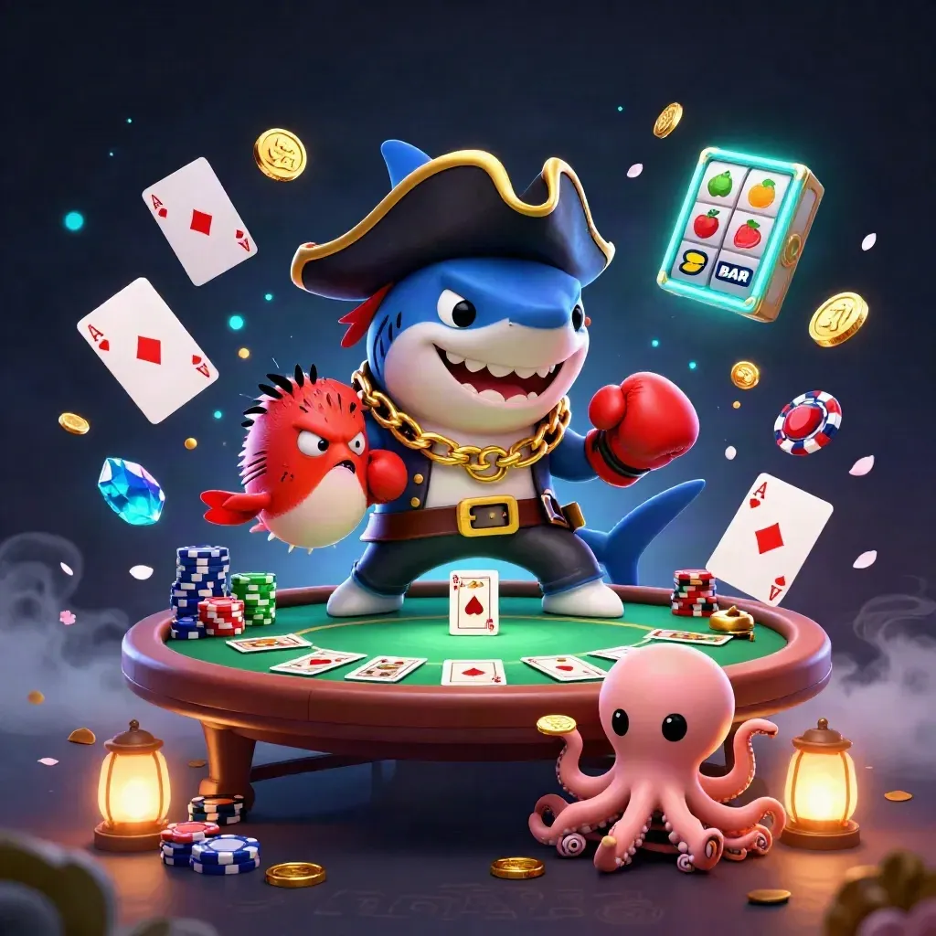 Pirate shark, boxing pufferfish, and juggling octopus amid coin bursts and neon casino chaos.