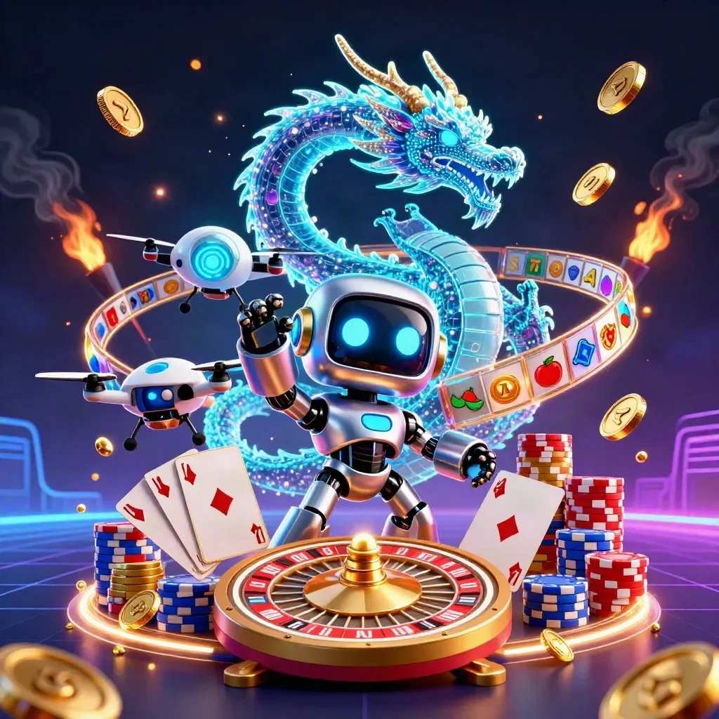 Cyberpunk robot, hologram dragon, and coin drone amid coins, gems, cards, and chips.