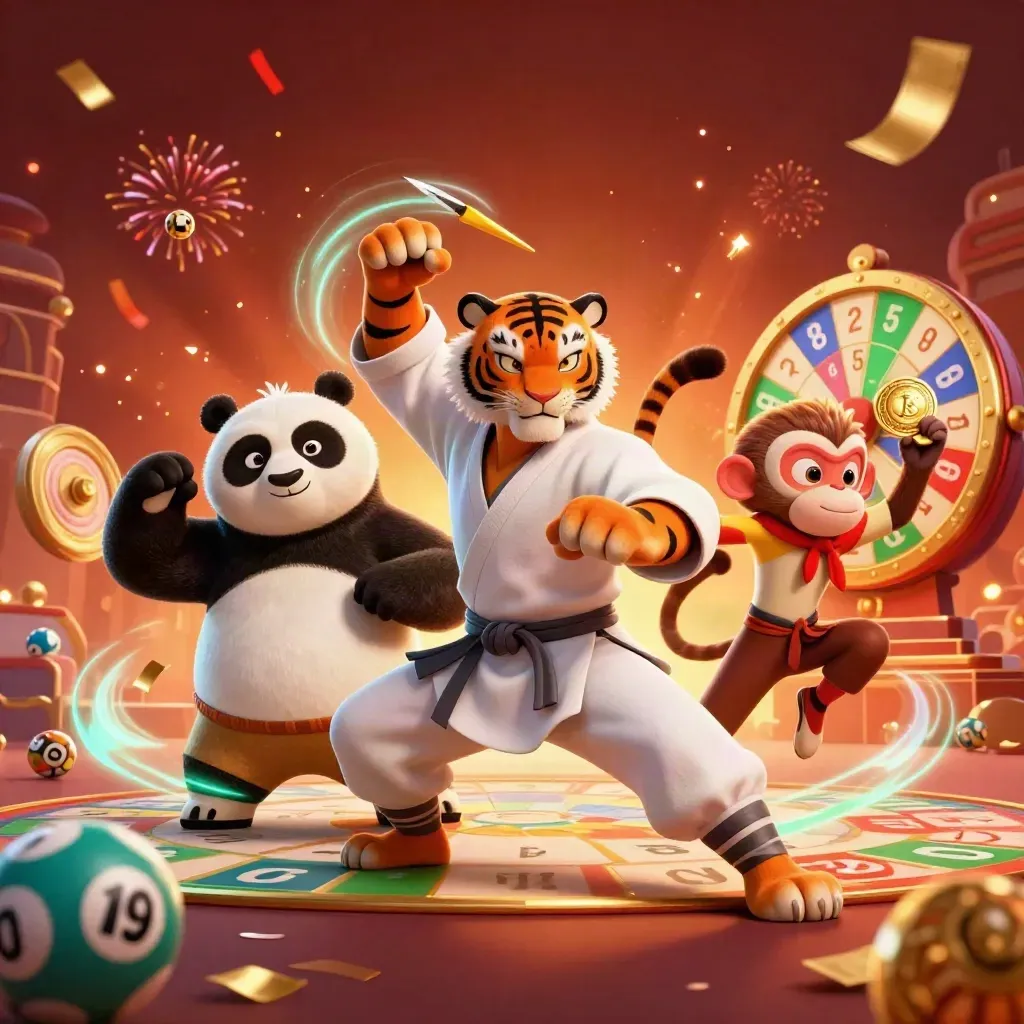 Kung-fu tiger, panda, and monkey amid casino treasures, lottery balls, fireworks, and glowing energy.