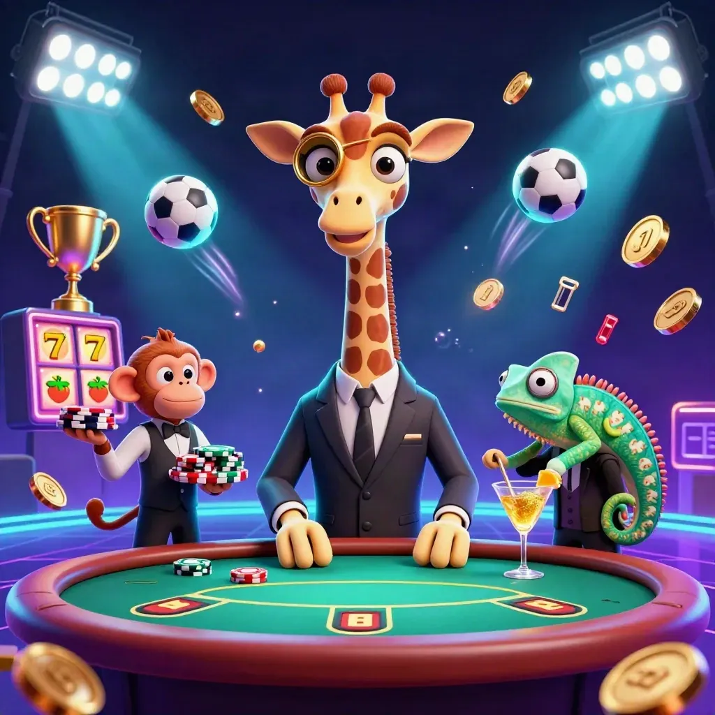 Giraffe, monkey valet, and chameleon bartender in a neon casino tableau with flying balls and treasure.