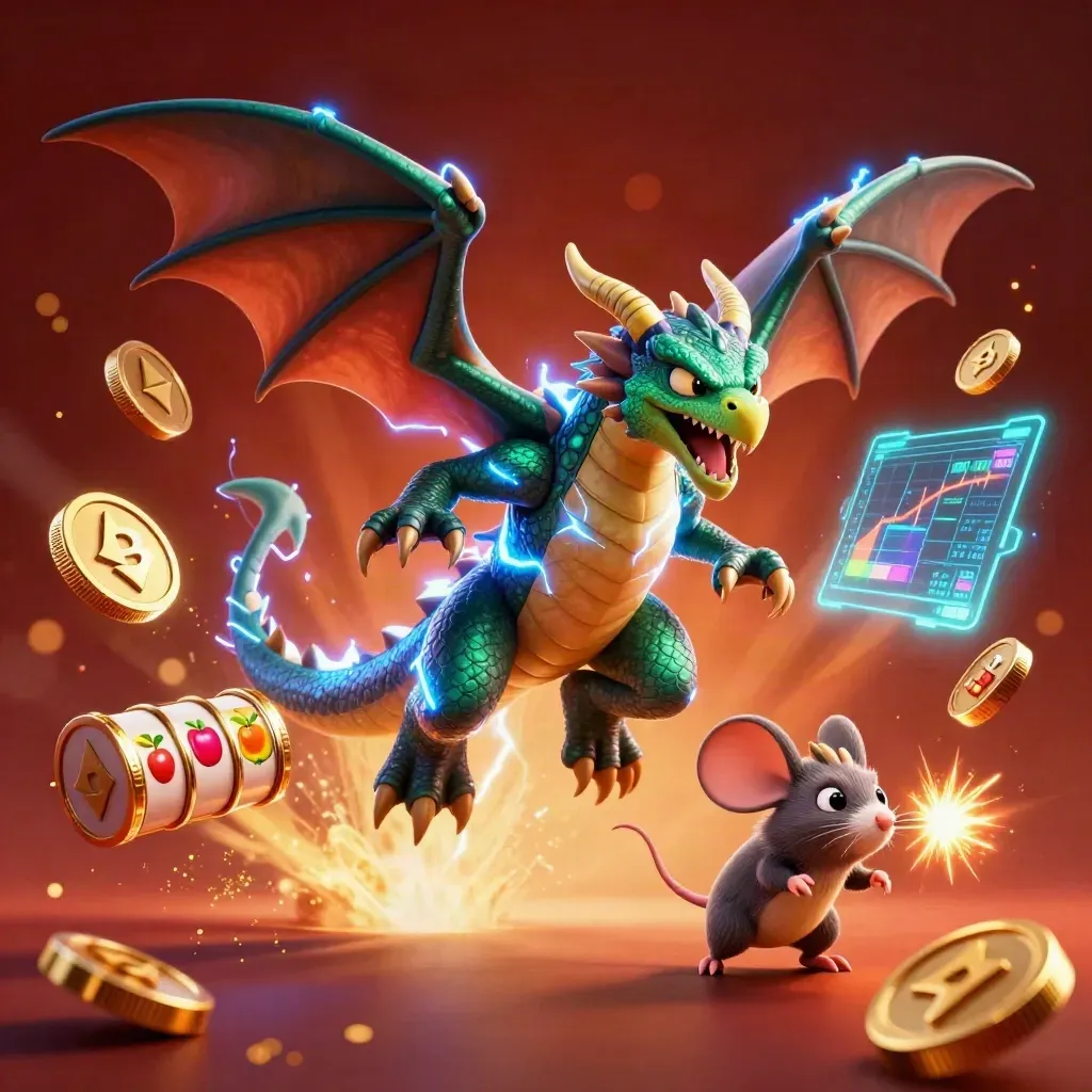 Thunder dragon, glowing hawk and static mouse burst through casino coins and neon symbols.
